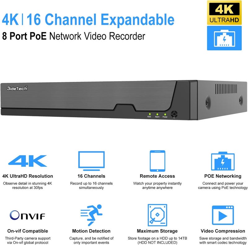 JideTech 4K 8 Channel PoE NVR, 8 Ports 16 CH Expandable Network Video Recorder for Home Surveillance System, Support 4K/2K/12MP/8MP/5MP/1080P IP Camera, Remote Access, 24/7 Recording, Up to 14TB HDD - Image 2